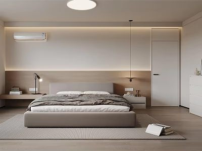 Modern Minimalist Bedroom Interior Featuring Wooden Headboard Table Lamps Ceiling Light And Rug 3d model