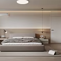 Modern Minimalist Bedroom Interior Featuring Wooden Headboard Table Lamps Ceiling Light And Rug