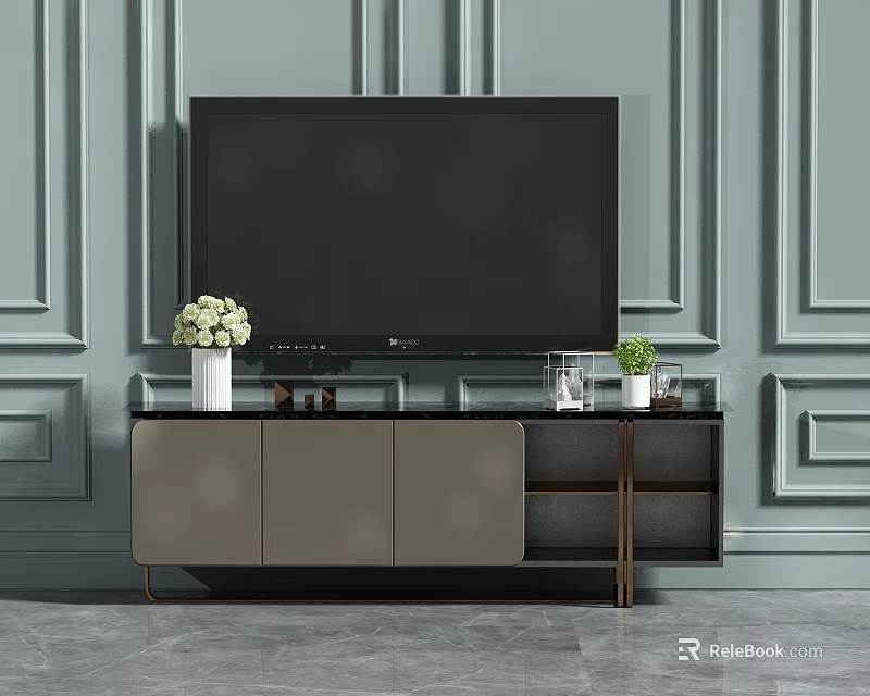 Modern TV Stand with Flat Screen TV Vase and Green Plants on Paneled Gray Wall 3d model 