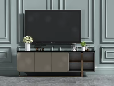 Modern TV Stand with Flat Screen TV Vase and Green Plants on Paneled Gray Wall 3d model