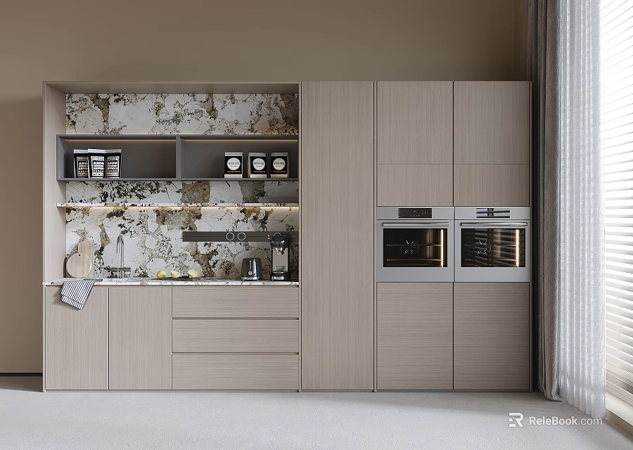 Modern Kitchen Cabinets With Marble Backsplash Built In Ovens And Storage Shelves 3d model 