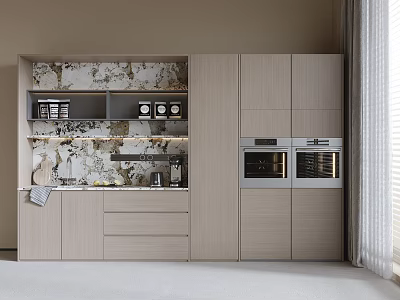 Modern Kitchen Cabinets With Marble Backsplash Built In Ovens And Storage Shelves 3d model