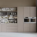 Modern Kitchen Cabinets With Marble Backsplash Built In Ovens And Storage Shelves