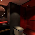Hotel Guest Room Featuring Orange Walls Blue Curtains And City Night View Through Windows