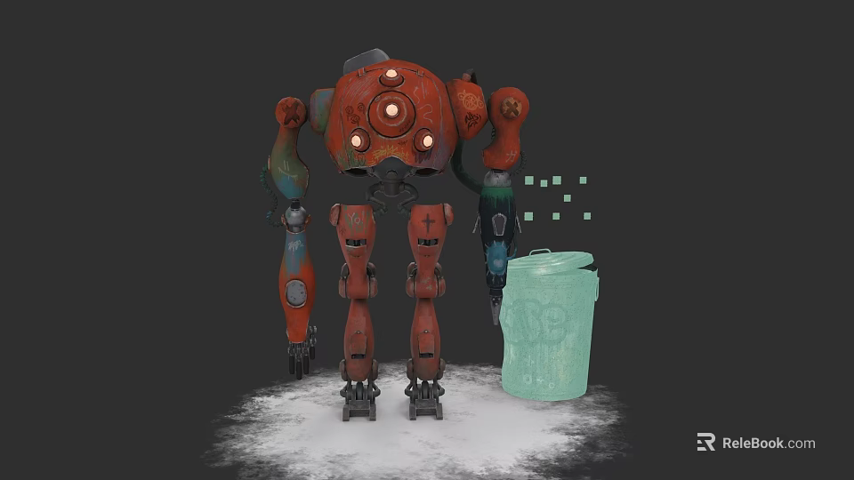 Red Mechanical Robot With Glowing Eyes And Green Trash Can On Gray Background 3d model 