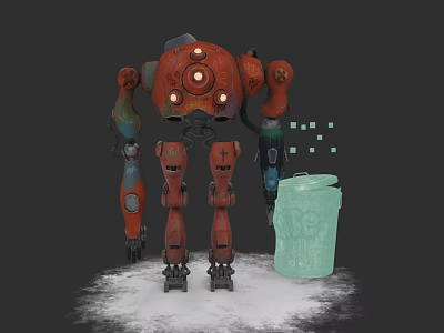 Red Mechanical Robot With Glowing Eyes And Green Trash Can On Gray Background 3d model