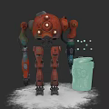 Red Mechanical Robot With Glowing Eyes And Green Trash Can On Gray Background