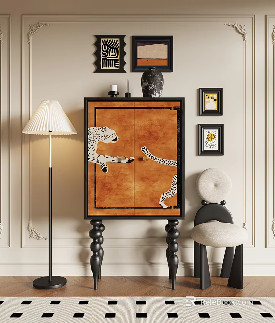 Elegant Decorative Cabinet With Leopard Patterns Brown Body Black Legs Floor Lamp And Framed 3d model 