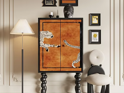 Elegant Decorative Cabinet With Leopard Patterns Brown Body Black Legs Floor Lamp And Framed 3d model