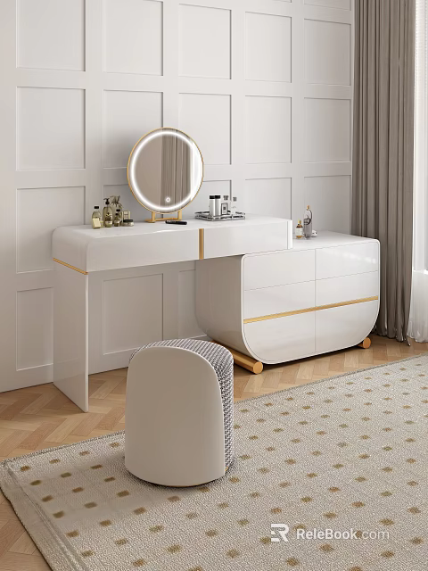 Elegant White Dressing Table With Round Mirror Cosmetics Gold Accent And Stool 3d model