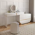 Elegant White Dressing Table With Round Mirror Cosmetics Gold Accent And Stool 3d model