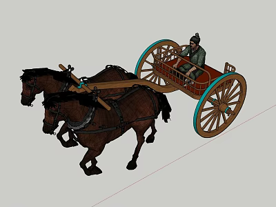 Vintage Horse-Drawn Carriage With Two Brown Horses Seated Person And Wooden Wheels 3d model