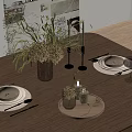 Elegant Wooden Dining Table Setting With Floral Vase Candle Holders And Tableware