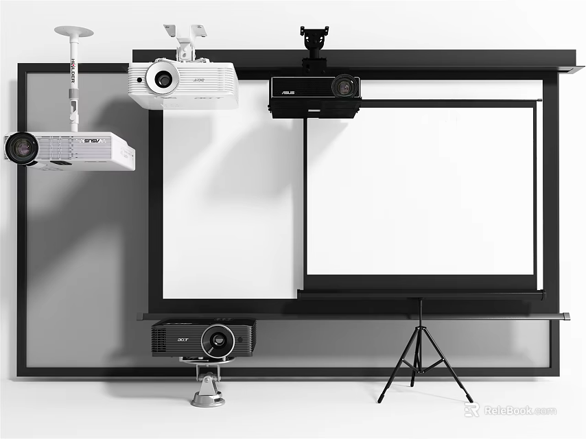Projection Monitoring Equipment Including Wall Mounted Projectors Security Cameras And Tripod Screens 3d model 