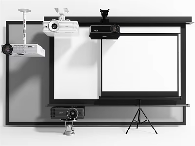Projection Monitoring Equipment Including Wall Mounted Projectors Security Cameras And Tripod Screens 3d model