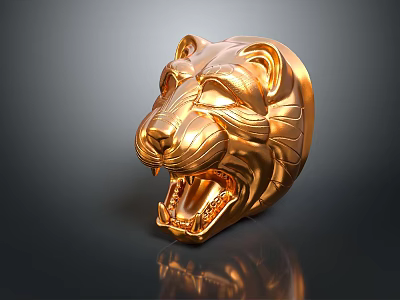 Golden Lion Head Sculpture With Shiny Metallic Surface 3D Rendered Design On Dark Background 3d model