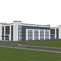 Modern Large Multi Story Industrial Factory Building With White Walls Glass Windows And Green Area