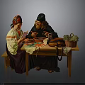 Traditional Interior Scene With People In Costumes Sitting At Wooden Table Bowls Book And Basket