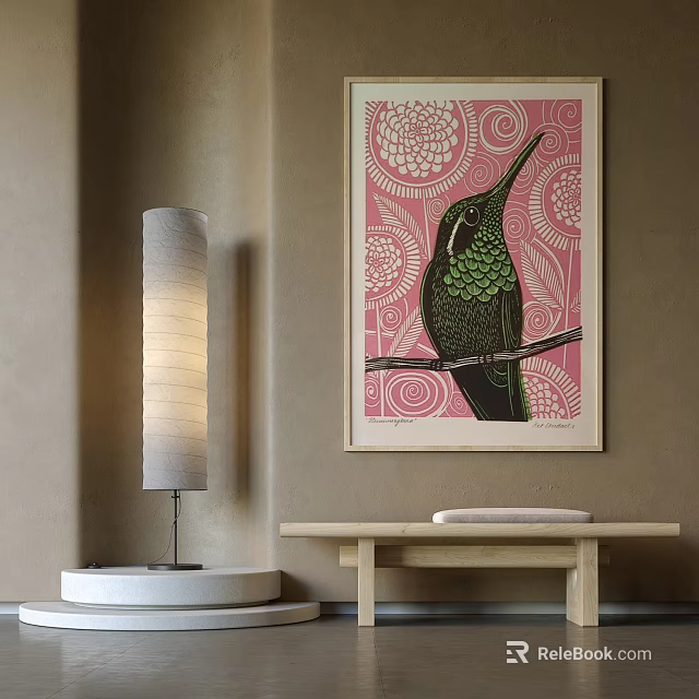 Hummingbird Art Print With Pink Patterned Background For Home Decor 3d model