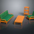 Green Sofa And Orange Coffee Table Set With Wooden Frame Matching Green Chair And Shelf