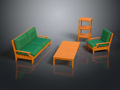 Green Sofa And Orange Coffee Table Set With Wooden Frame Matching Green Chair And Shelf 3d model