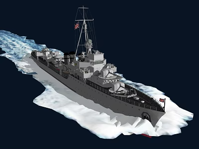 British Warship Navigating Icy Waters With Gray Hull And National Flags 3d model