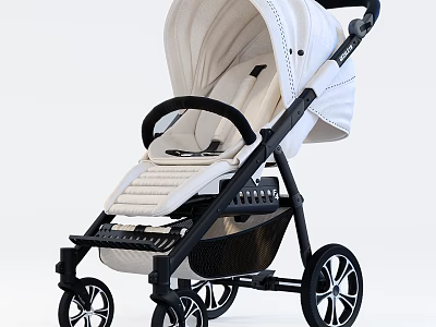 Modern Baby Stroller With Beige Canopy Black Frame And Comfortable Seat 3d model