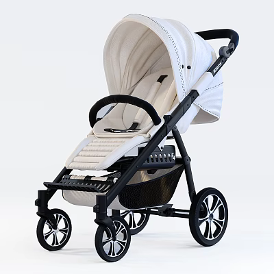 Modern Baby Stroller With Beige Canopy Black Frame And Comfortable Seat 3d model