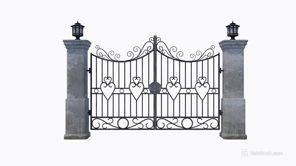 Ornate Iron Entrance Gate With Stone Pillars Lanterns And Heart Decorations 3d model 