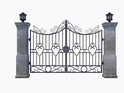 Ornate Iron Entrance Gate With Stone Pillars Lanterns And Heart Decorations 3d model