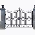 Ornate Iron Entrance Gate With Stone Pillars Lanterns And Heart Decorations