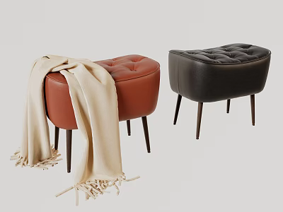 Orange and Black Tufted Leather Ottoman with Beige Blanket and Dark Wooden Legs 3d model