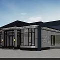 Detached Villa Exterior With Dark Roof Large Windows Glass Door And Columns