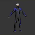 Man With White Hair In Black And Blue Armored Outfit Standing Pose
