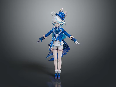 Game Movie Character 3D Model With Blue White Elaborate Outfit Top Hat And White Hair 3d model