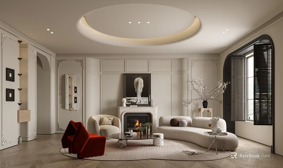 Elegant Cream Tone Living Room Interior With Circular Ceiling Fireplace And Soft Curved Sofa 3d model 