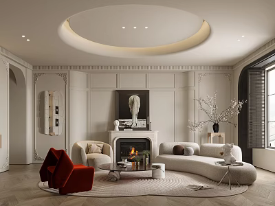 Elegant Cream Tone Living Room Interior With Circular Ceiling Fireplace And Soft Curved Sofa 3d model