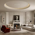 Elegant Cream Tone Living Room Interior With Circular Ceiling Fireplace And Soft Curved Sofa