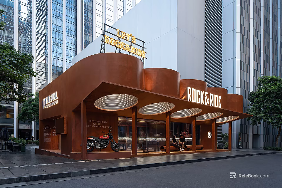 Copper Curved Storefront With DEUS EX MACHINA ROCKCAFE Signage And Motorcycle In Urban Area 3d model 