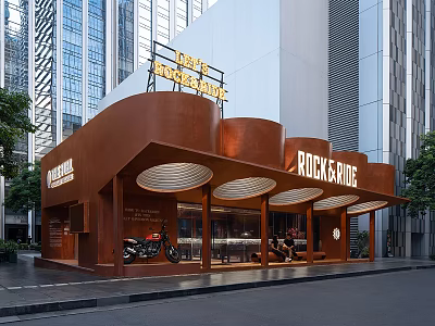 Copper Curved Storefront With DEUS EX MACHINA ROCKCAFE Signage And Motorcycle In Urban Area 3d model