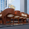 Copper Curved Storefront With DEUS EX MACHINA ROCKCAFE Signage And Motorcycle In Urban Area