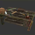 Wooden Carpentry Workbench Setup With Saw Hammer Chisel And Stacked Wooden Logs