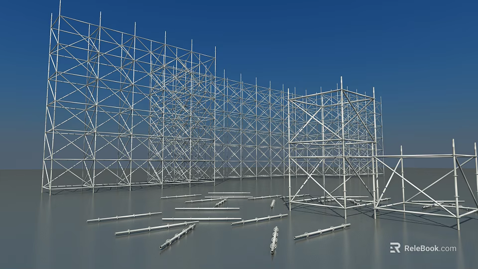 Unfinished Stage Structure With Metal Frames And Scattered Materials Under Blue Sky 3d model 