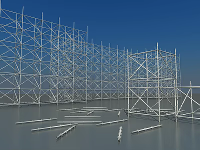 Unfinished Stage Structure With Metal Frames And Scattered Materials Under Blue Sky 3d model