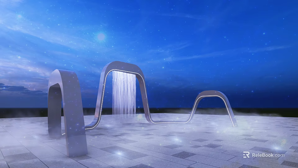 Silver Arch Shaped Landscape Seats With Water Flow And Starry Sky Background 3d model 
