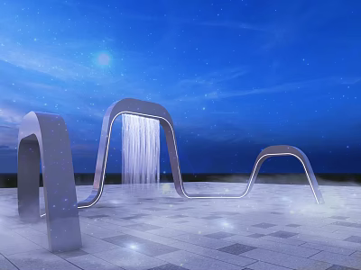 Silver Arch Shaped Landscape Seats With Water Flow And Starry Sky Background 3d model