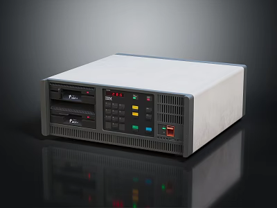 Retro Electronic Device Featuring Gray And White Body Front Panel Buttons Indicator Lights And Slots 3d model