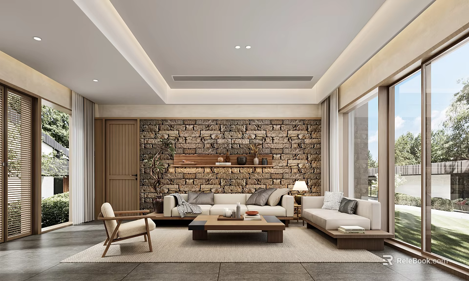 Hotel Guest Room Modern Interior With Stone Wall Sofa Coffee Table Floor To Ceiling Windows 3d model 