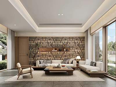 Hotel Guest Room Modern Interior With Stone Wall Sofa Coffee Table Floor To Ceiling Windows 3d model