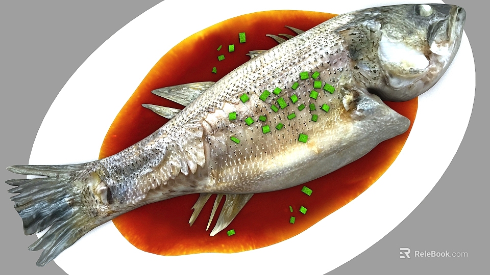 Whole Cooked Fish Served On White Plate With Red Sauce And Green Scallions 3d model 